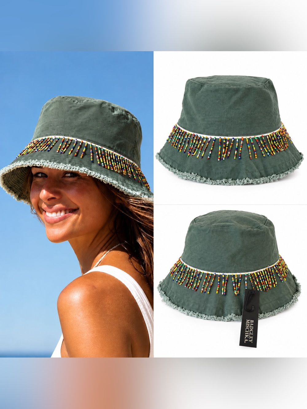 NWT Badgley Mischka Olive Beaded Fringe Bucket Hat Cotton Boho Festival Resort